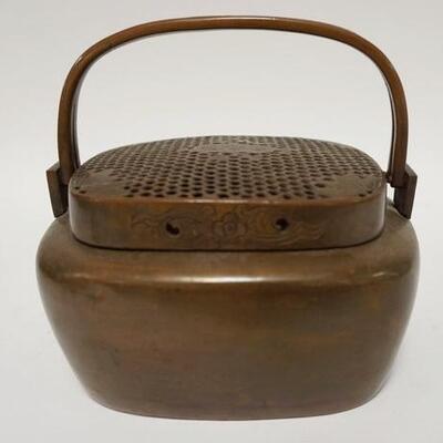 1050	ASIAN BRONZE DOUBLE HANDLED POT W/PIERCED & HAND TOOLED LID, 7 3/4 IN X 6 1/2 IN X 7 IN HIGH
