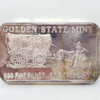 210	
Golden State Mint .999 Fine Silver Bar, 5 Troy Ounce
Weighs Approx 5 Troy Ounce