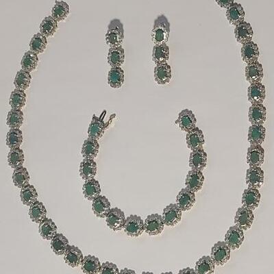14K Gold Emerald & Diamond Necklace, Bracelet & Earring Set