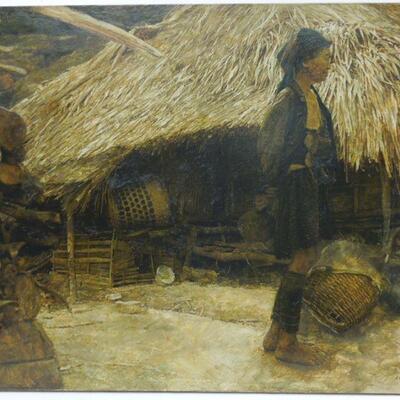 Xiang Chunsheng (b. 1960), oil on canvas, villager by the hut. Initialed lower right XCS 1992. Inscribed on the back. 31 1/2