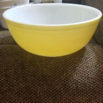 Large yellow and white mixing bowl, possibly bought at the same time as the mixer