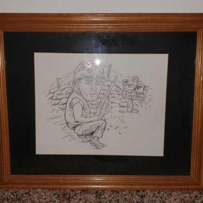 #3790 â€¢ Framed Pencil Drawing measures approx 16"x14".