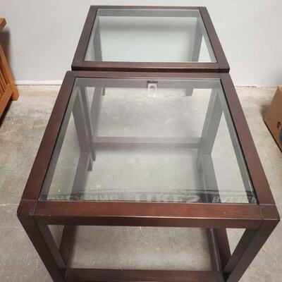 #3606 â€¢ 2 Wooden Glass End Tables measures approx 24