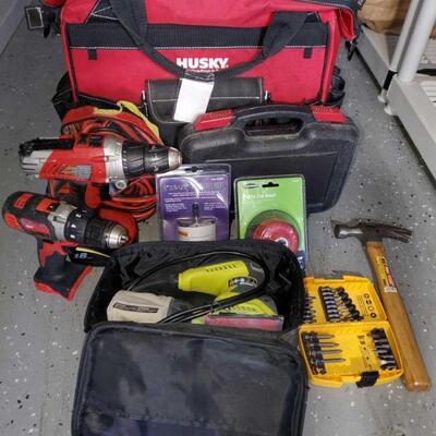 4116	

Husky Tool Bag With Various Tool Bag
Tools Include Hammer, Drills, Drill Bits, Wire Cup Brush, Jumper Cables, And More