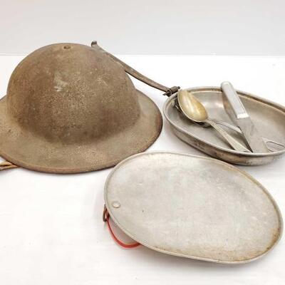 #3798 â€¢ Vintage Military Helmet, and Vintage Military Metal Mess Kit Bowel and Lid & Swinging Arm Clasp
