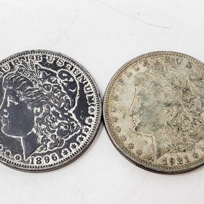 2628	

One 1896-O Morgan Silver Dollar, One 1921 Morgan Silver Dollar
One 1896-O Morgan Silver Dollar, One 1921 Morgan Silver Dollar