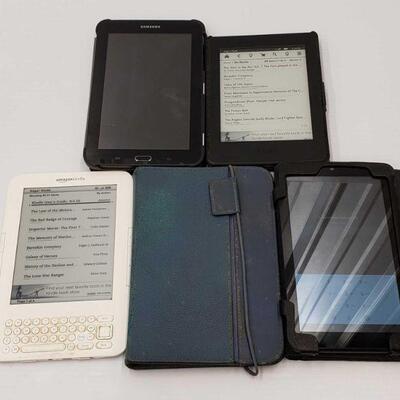 8340	
2 Amazon Kindles, Samsung Tablet, Nook Tablet 1 Tablet Case
Samsung Tablet Turns On, Charges, But Locked. Nook Tablet Turns On,...