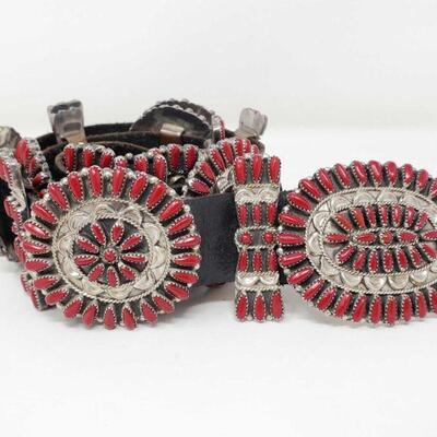 435	

Native American Sterling Silver Concha Belt With Coral Stones
Measures Approx 36