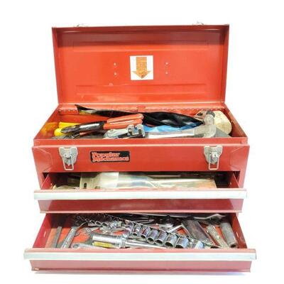 8188	
Popular Mechanics Toolbox Full of Hardware
Tools Includes Hammer, Mallet, Screwdrivers, Sockets, And More