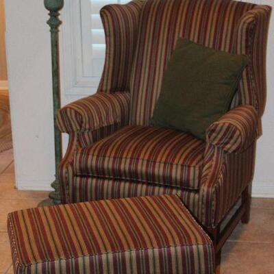 Ethan Allen Chippendale Style Ribbon Stripe Upholstery Winged-Back Arm Chair with Ottoman