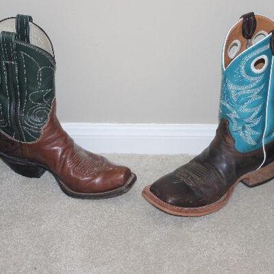 M.L.Leddyâ€™s Custom Handmade Navy/Brown Western Boots.  Justinâ€™s Menâ€™s Bent Rail Aqua/Brown Western Boots