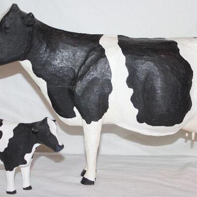 Vintage Large Hand Painted Wood Carved Holstein Cow (18â€ x 11â€) with a Small Wood Carved Hand Painted Holstein Cow (7â€ x 4â€)