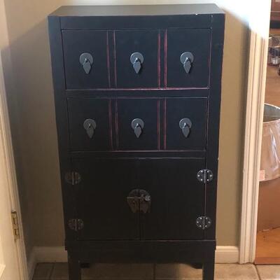 Pier One Imports Black w/Red Trim and Brass Findings  Oriental Style 2 Drawer, Double Door Cabinet