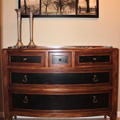 Schnadig Vintage Cherry Bow Front 5-Drawer Credenza.  Also pictured are a pair of 17â€ Hammered Aluminum Candle Stick and â€œSoft Nature...