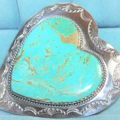 Large Signed Sterling 2” Heart Brooch w/Turquoise Setting.