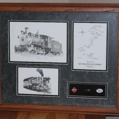 Rio Grande Southern Railroad Memorabilia Double Matted with Oak Frame:  H.L. Scott Signed, Embossed and Numbered Locomotive Print (10â€...