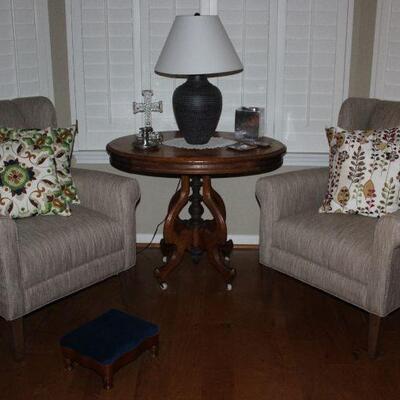 Bassett Beige Linen Upholstered Georgia Traditional Wingback Chairs and Pier One Embroidery Throw Pillows. Also shown:  Victorian Antique...