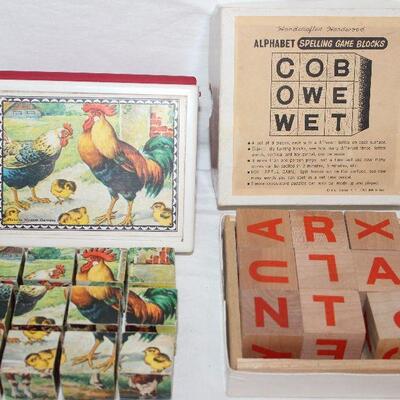 Vintage Germany Wooden Block Puzzle Hermann Eichhorn 6 Farm Scene Pictures in Plastic Case    Shackman Vintage Alphabet Spelling Game...