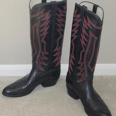 El Vaquero Custom Handmade Black Leather 18â€H with Red Top Stitching Western Boots (Like New)