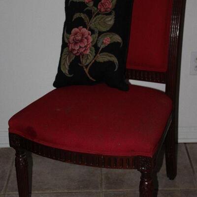 Mark David Vintage Red Upholstered Solid Wood Frame Side Chair.  St Simons Island GA, Tapestry Floral Pillow Made in France 