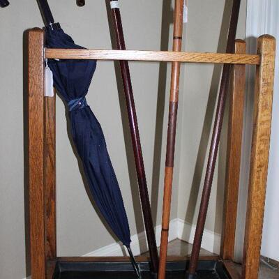 Antique Tiger Oak Umbrella/Cane Stand with Metal Bottom Tray (21 5/8â€W x 9â€D x 30â€H)