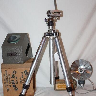 Brumberger vintage slide viewer #1225 (Needs rewiring). 
Whitehall travelite tripod.
Honeywell tilt-a-mite flash unit.