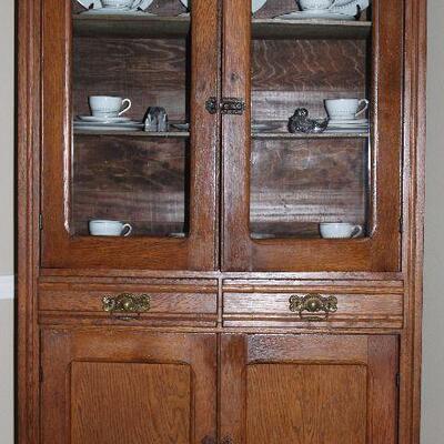 Antique Oak 4 Door (2 Upper Glass) Kitchen Cupboard w/ 2 Drawers  (37â€W x 17â€D x 73â€H)
