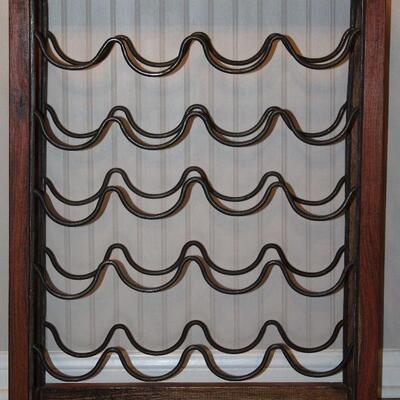 Teak Wood Framed 20 Bottle Wire Wine Rack.                    (22 1/4â€W x 27 1/2â€H x 7 1/2â€D)