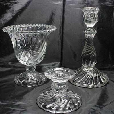 Colonyâ€ by Fostoria C.1940-1973: Footed 7 3/4â€ Urn, Single Light Candlestick 8 5/8â€ and Single Light 3â€ Candlestick