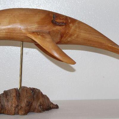 Hand Carved Whale on Burl Wood Stand Signed by Artist J.N. Green 1989. (19â€L x 10â€H with stand) 