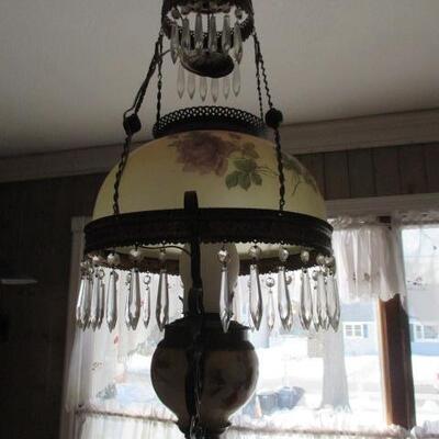 Stunning Original Oil Lamp Electrified Hanging Crystals  