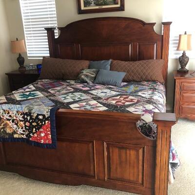King size bed with mattress, bedframe and bedding. Side tables for sale as well
