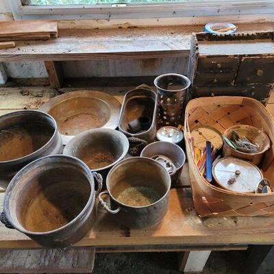 https://ctbids.com/#!/description/share/749494 Assorted brass pots, leather box with drawers, Brown and Bigelow outdoor temperature...
