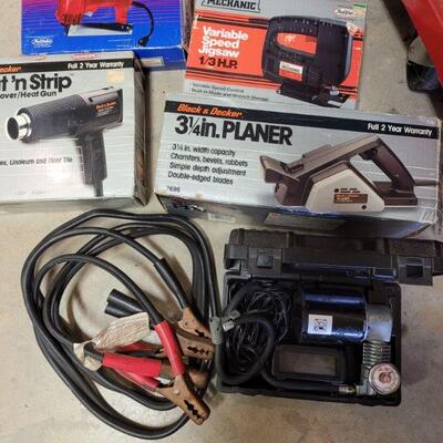 Various Electric Operated Tools, Heat & Strip Gun, Electric Staple Gun, 3/4 Inch Planer, 1/3 HP Variable Jigsaw, Set Of Jumper Cables,...