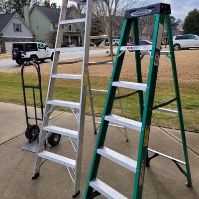 6â€™ and 8â€™ Werner step ladders, handcart dolly, 1 Pkg Ladder bumpers and a ladder harness....