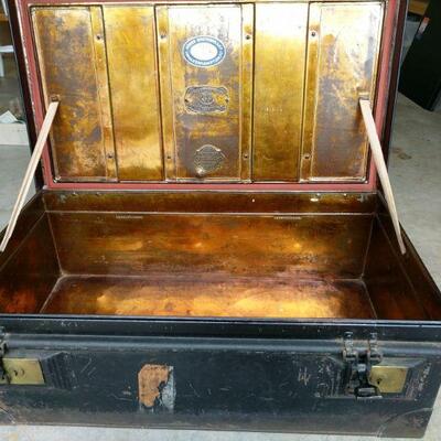 Jones Brothers Wolverhampton Jaybeco watertight steamer trunk that appears to be from the early 1900s. Trunk is steel with iron latches...