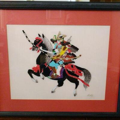 Ann Avery Smith created this beautiful Samurai on horse artwork with her Bunka Japanese embroidery needlework skills....