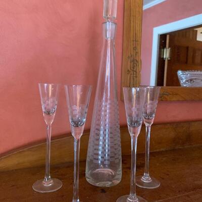 Vintage etched glass cordial set