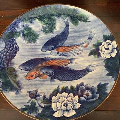 Vintage Japanese Porcelain Platter Blue & Orange Koi Lotus Flowers 12