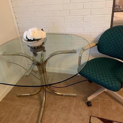Glass and brass breakfast/small dining table with one matching chair