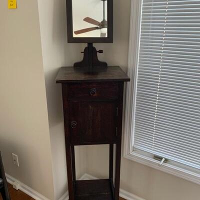 Lot #32--dressing stand with mirror and cabinet with a drawer--$175--67'Hx16