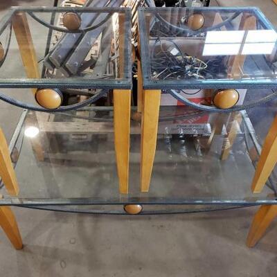 #4114 â€¢ Two Glass End Tables and One Glass Coffee Table. 