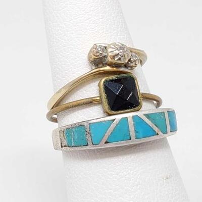 #361 • 10k Gold Diamond Ring, Sterling Silver Turquoise Ring, and A Costume Ring