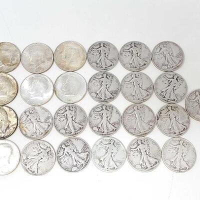 #672 â€¢ 8 Kennedy Half Dollars, 17 Walking Liberty Half Dollars -296g
