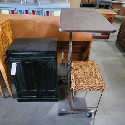 #2120 • Wooden Cabinet, Wicker Top Metal Chair, And Adjustable Table