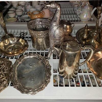#4095 â€¢ Silver Plated platter, bowl, tea pot, and more