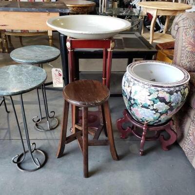 #2008 â€¢ 2 Stone Top End Tables, Wooden Stool, And 2 Asian Style Pots And Stands