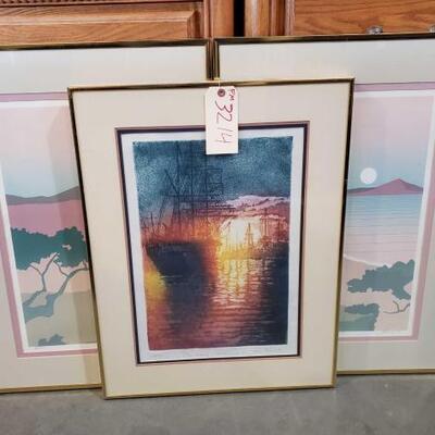 #3214 • 3 Framed Lithographs/Etching measures approx 19.5x13