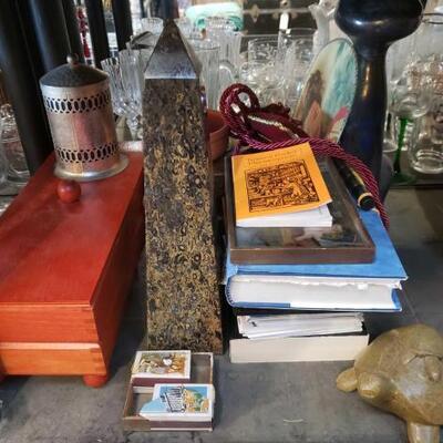 #4216 â€¢ Jewlery Boxes, Stone obelisk, Soap stone Turtle, and more