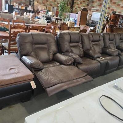 2144 • 2 Leather Power Reclining Couches, Power Recliner, And Ottoman